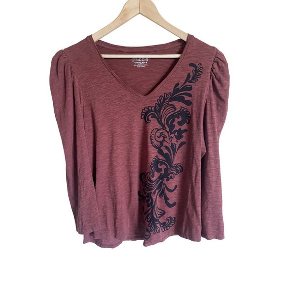 Chico's Scroll Print 3/4 Sleeve Romantic Maroon Red Tee Puff Sleeve Modal Cotton - Picture 2 of 6
